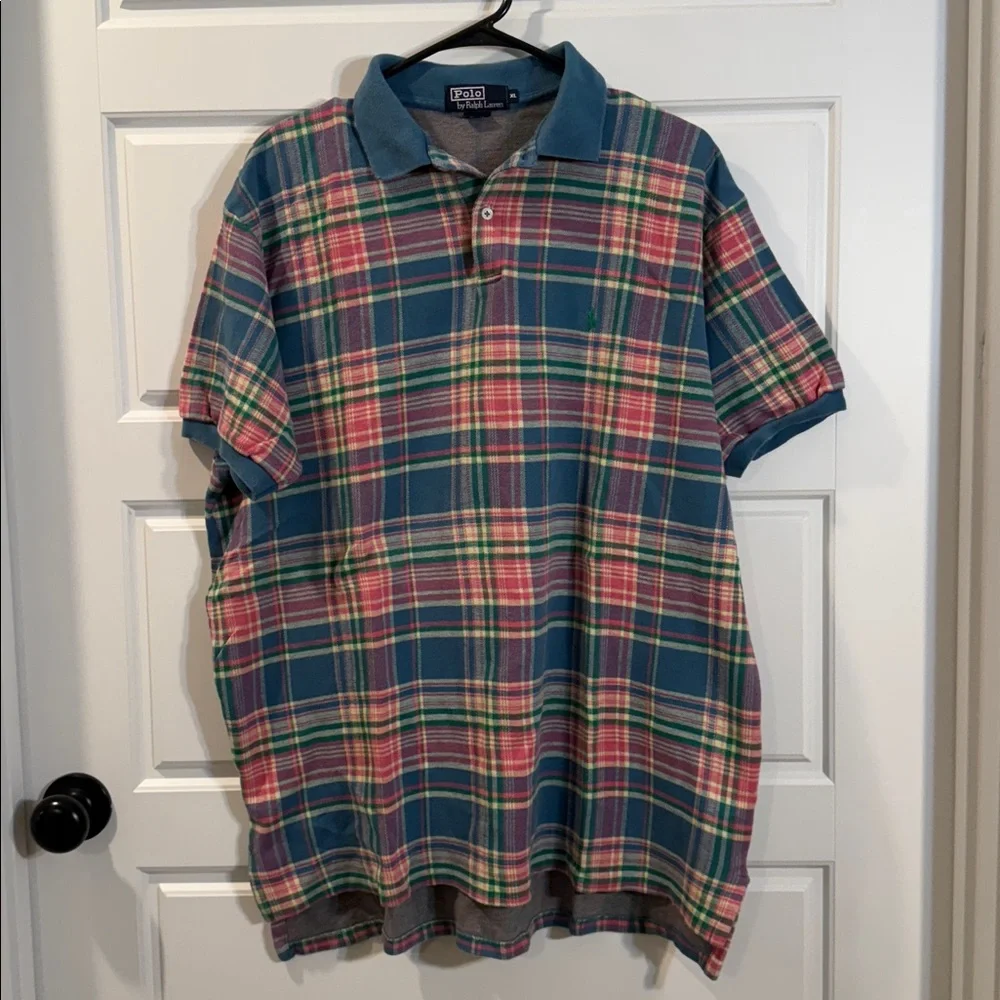 Vtg 1980's Ralph Lauren Pastel Blue/Pink Plaid Polo Shirt Made in USA XL